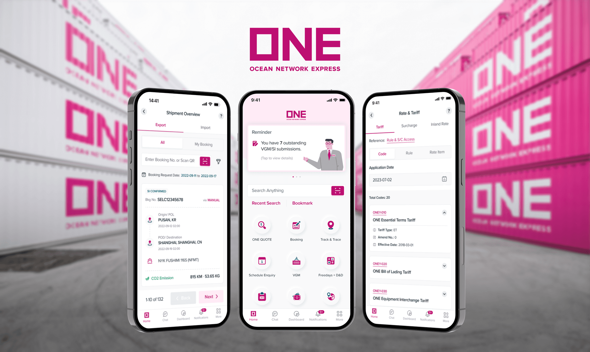 ONE mobile app interface with shipment features
