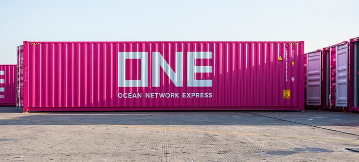An Ocean Network Express dry container for standard cargo at container yard