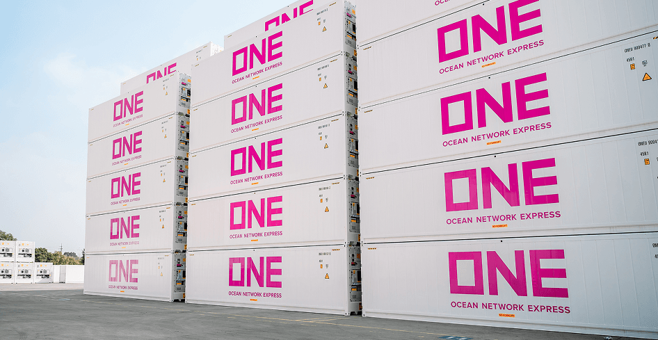 Stacks of white Ocean Network Express reefer containers at a shipping terminal