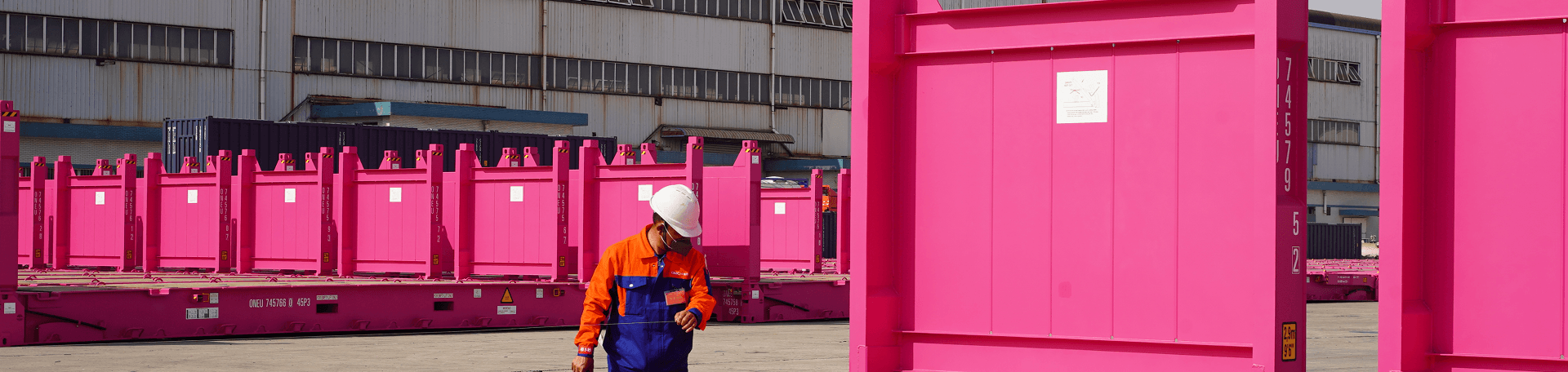 Worker inspecting magenta flat rack container
